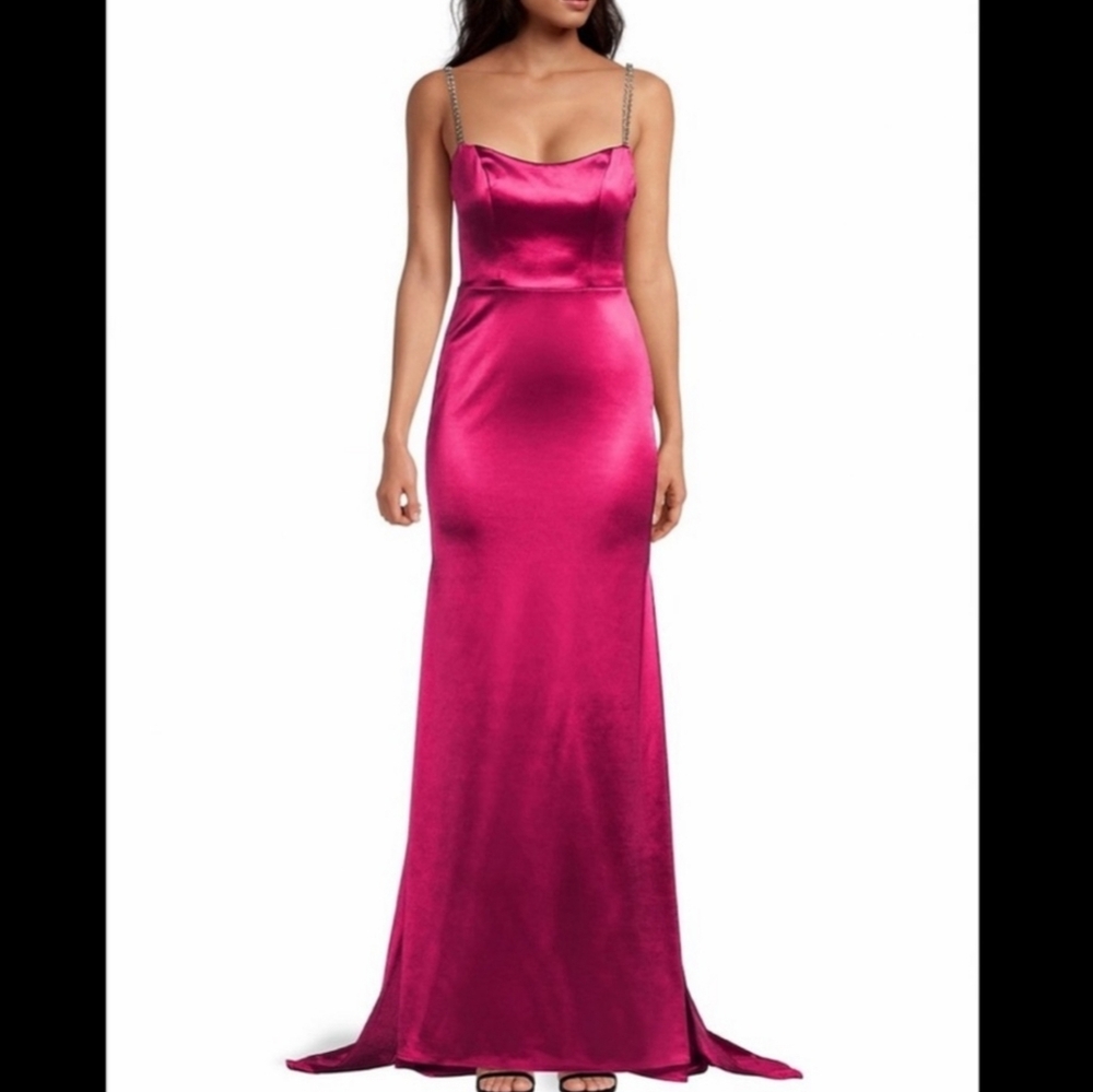 Mac Duggal CHARMEUSE RHINESTONE STRAP TRUMPET GOWN$598